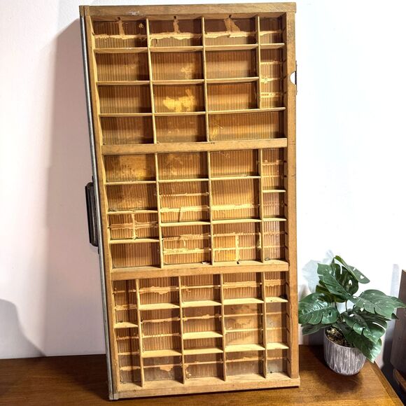 Other - Antique Printers Tray Type Case Old Wooden Drawer Vintage Miniatures Shelf 16x32